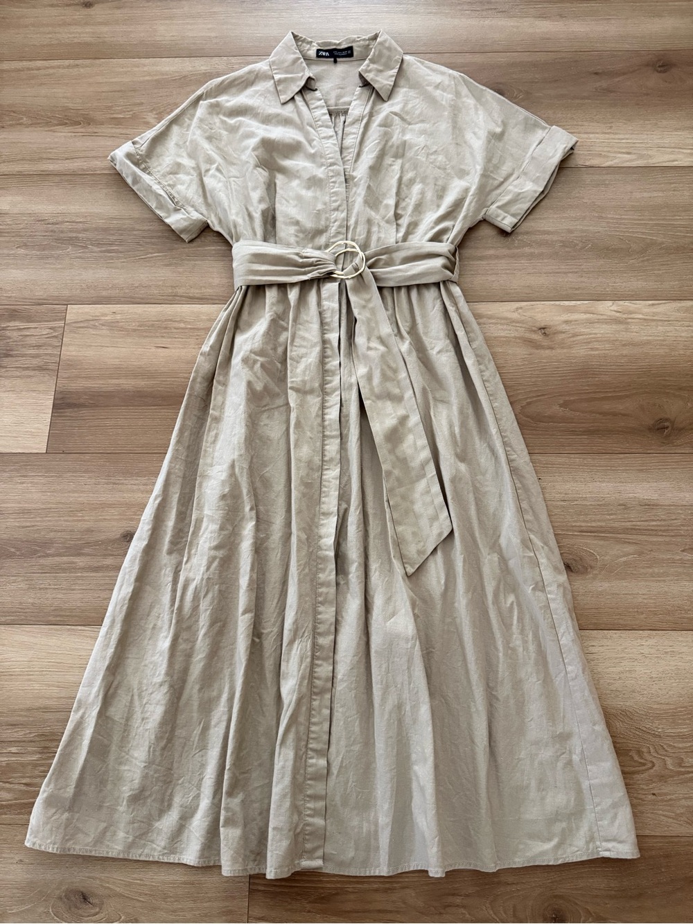 ZARA BEIGE LINEN MIDI DRESS LARGE